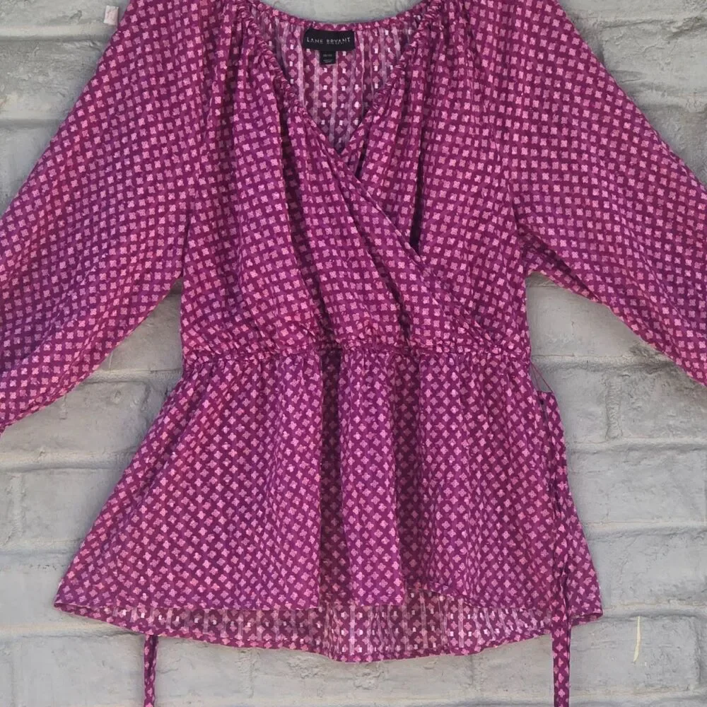 Lane Bryant Purple Geometric Faux Wrap Peplum Top Blouse 18/20